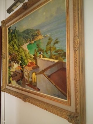 Cuadro Óleo Paisaje Marino Vintage Marco Dorado