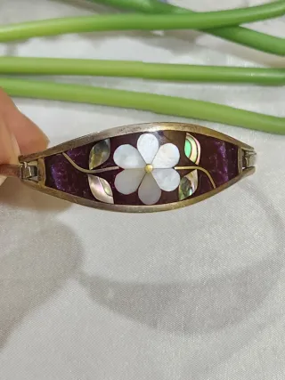 brazalete vintage de alpaca mexicana Plata y nácar