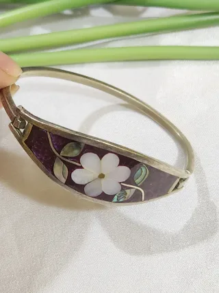 brazalete vintage de alpaca mexicana Plata y nácar