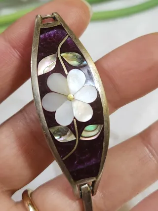 brazalete vintage de alpaca mexicana Plata y nácar