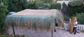 Pérgola y sombrillas de brezo y mimbre