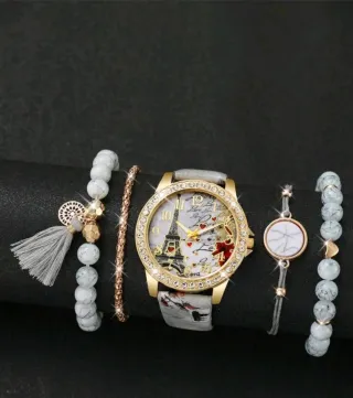 Conjunto Reloj Mujer dorado y Gris