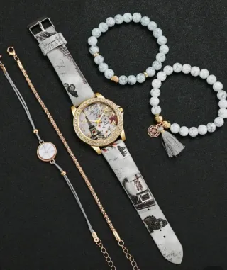 Conjunto Reloj Mujer dorado y Gris