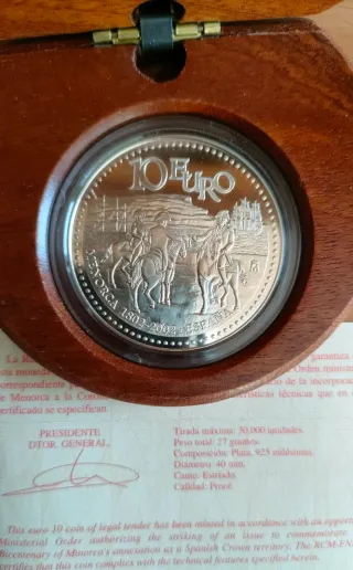 10 Euros plata España 2002 incorporación Menorca