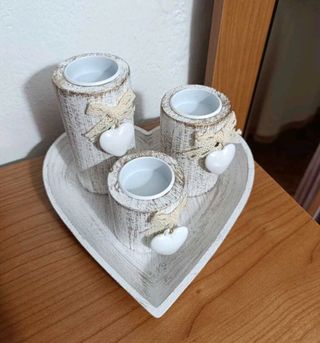 Set 3 Candelabros Madera y Bandeja Corazón
