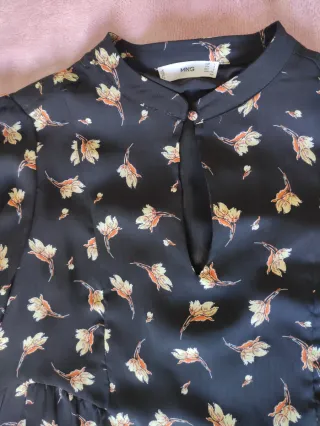 Vestido Mango Talla L Negro Estampado Hojas