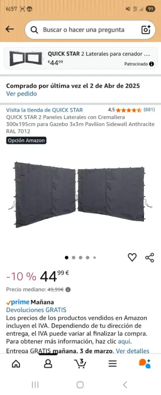 Techo para pérgola QUICK STAR 3x3m Gris Paredes