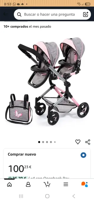 Carro de muñecas rosa y gris