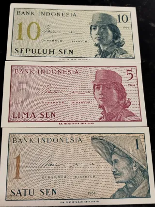 Lote 3 Billetes Indonesia 1, 5, 10 Sen