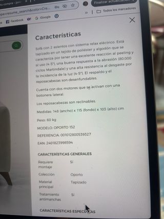 Sofá 2 plazas eléctrico reclinable