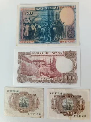Billetes España: 50, 100 y 1 Peseta