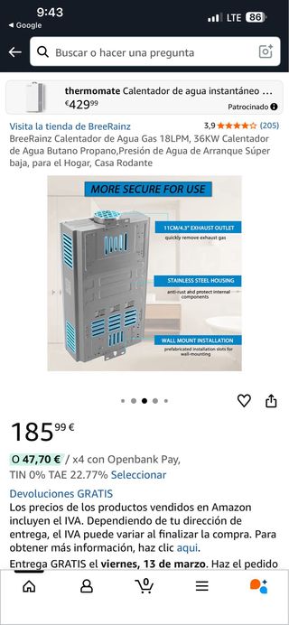 Calentador Agua Gas BreeRainz 18LPM 36KW