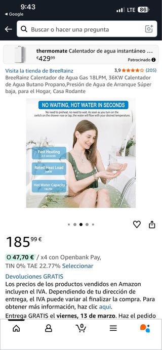 Calentador Agua Gas BreeRainz 18LPM 36KW