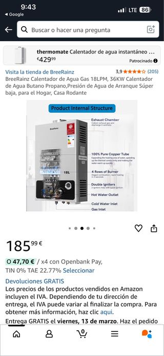 Calentador Agua Gas BreeRainz 18LPM 36KW