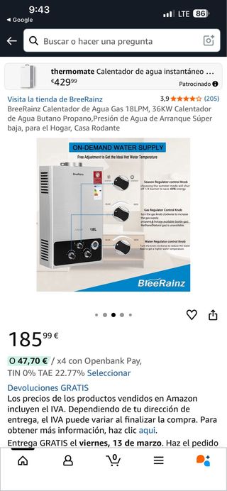 Calentador Agua Gas BreeRainz 18LPM 36KW