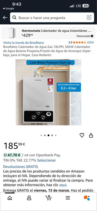 Calentador Agua Gas BreeRainz 18LPM 36KW