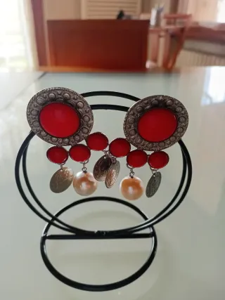 2 Paia Orecchini Rossi Cerchio e Pendenti