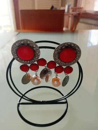 2 Paia Orecchini Rossi Cerchio e Pendenti