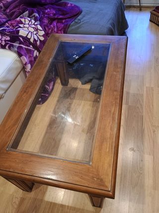 Mesa centro rústica pino macizo cristal