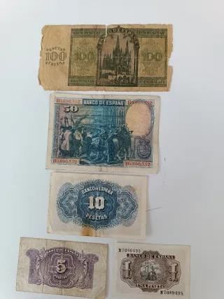 Billetes España: 100, 50, 10, 5 y 1 Pesetas