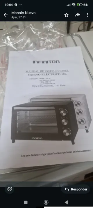 Horno Eléctrico INFINITON 18L Nuevo