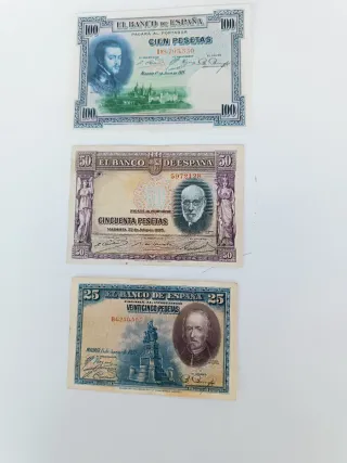 Billetes España: 100, 50 y 25 Pesetas