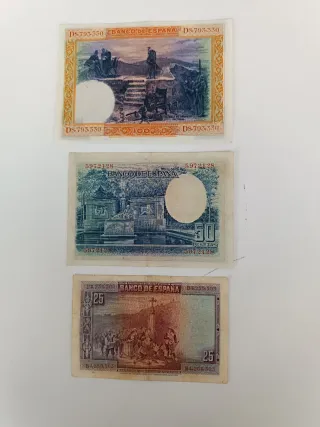Billetes España: 100, 50 y 25 Pesetas