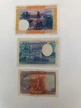 Billetes España: 100, 50 y 25 Pesetas