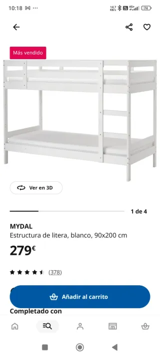 Litera MYDAL Ikea Blanca 90x200