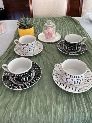 Set 4 Tazas y Platos Porcelana Cappuccino