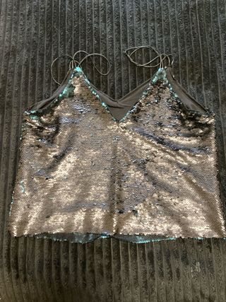 Blusa lentejuelas plateadas y turquesa