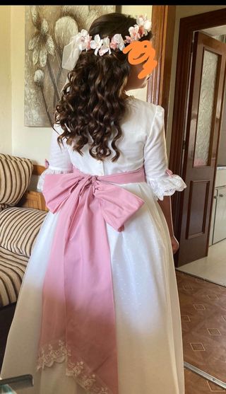 Vestido de comunión niña blanco y rosa