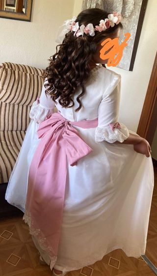 Vestido de comunión niña blanco y rosa