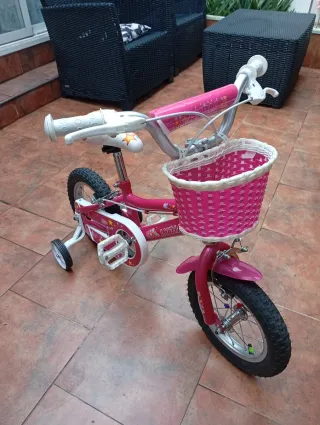 Bicicleta infantil rosa con cesta.