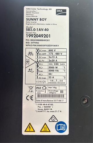 Inversor solar SMA Sunny Boy 5.0 5000W WiFi