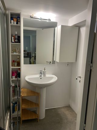 Muebles de baño: lavabo, armario y estantería