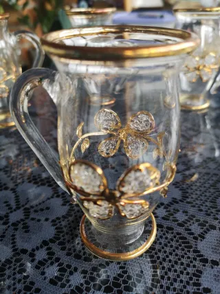 Tetera y 6 vasos tallados plata y cristal