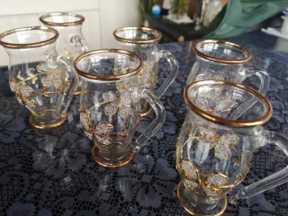 Tetera y 6 vasos tallados plata y cristal