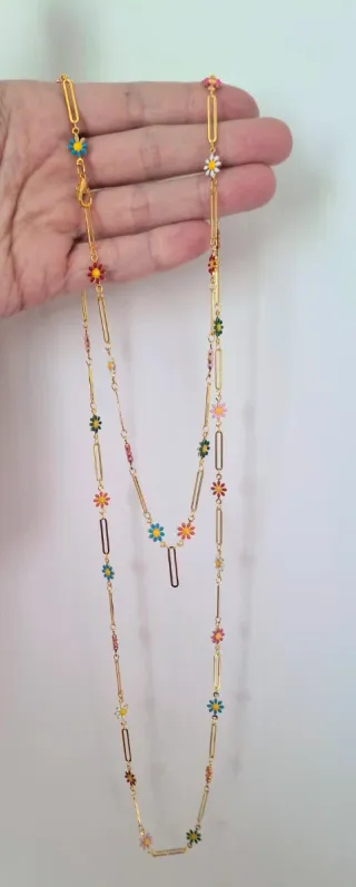 Collana con fiori smaltati oro lunga 1metro