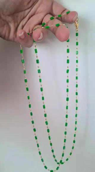 Collana oro con perline verdi lunga 1metro