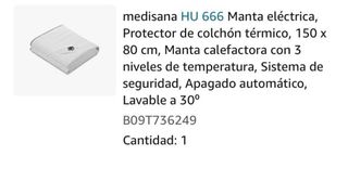 Manta electrica Medisana 60W  cubre camas