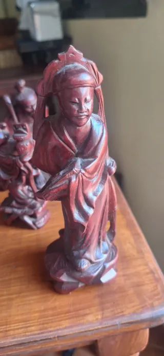 6 Figuras sabio chino,pescadores  madera tallada