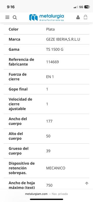 Cierrapuertas GEZE TS1500 Plata  Lote 11 unidades