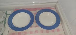 Platos blancos y con ribete azul.