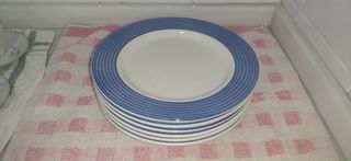 Platos blancos y con ribete azul.