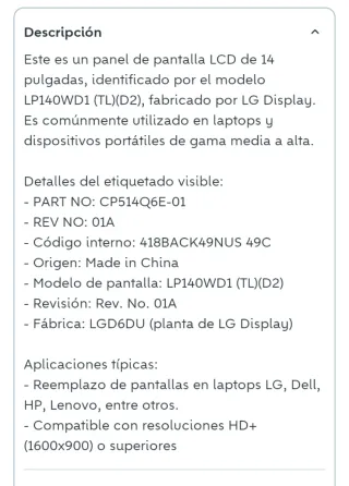 Pantalla LP140WD1 (TL)(D2) 14 Pulgadas