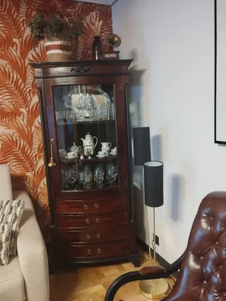 Vitrina de madera y sillón de piel