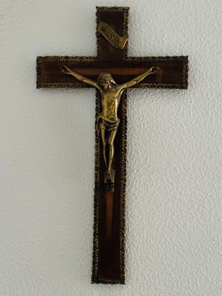 Crucifijo antiguo latón y madera noble