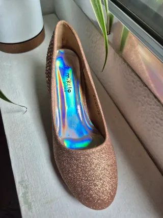 Zapatos fiesta tacón rosa oro talla 35