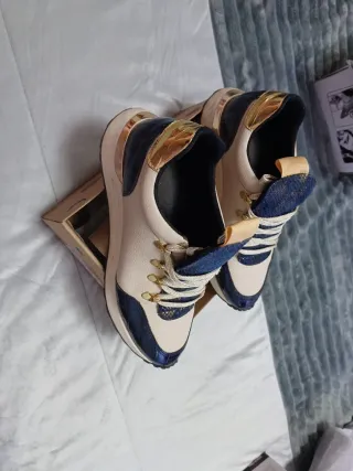 Zapatillas Piel Mujer Beige/Azul